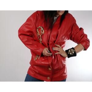 Red Leather Button-Front Women's Jacket